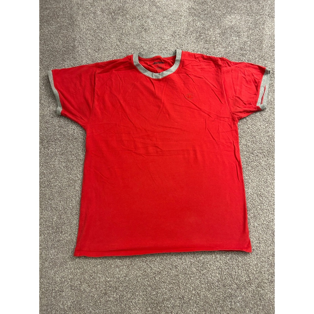Champion Ringer T-Shirt Mens Large Red Excellent Short Sleeve Embroidered Logo